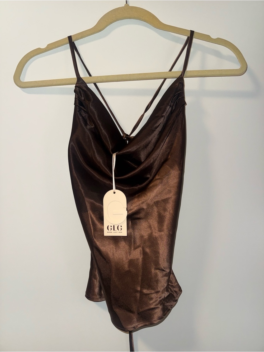 GLG Satin Cowl Neck Tank Top in Dark Brown